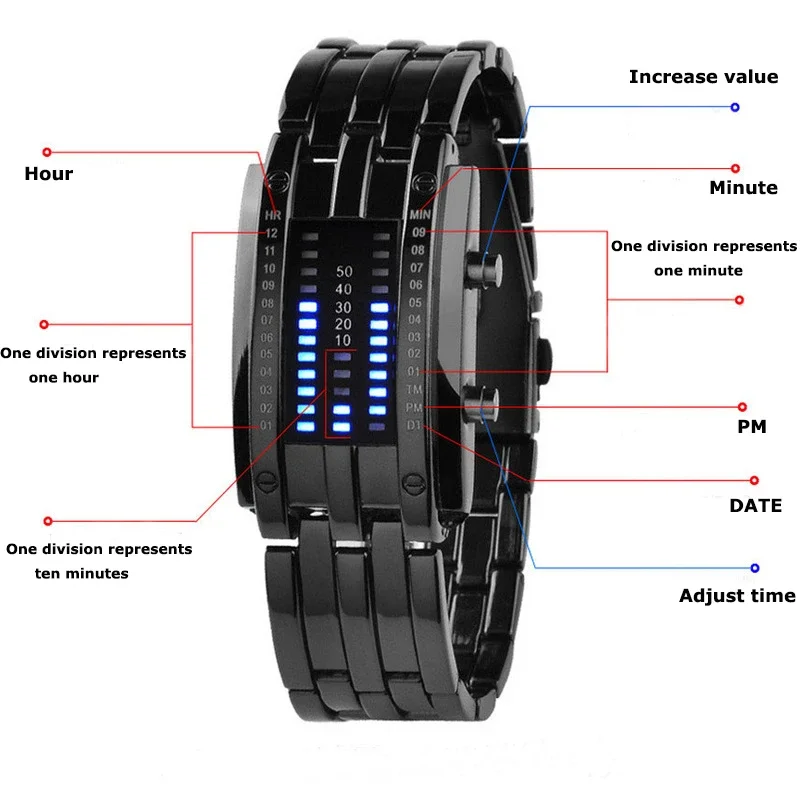 Montre Électronique de dehors pour Homme, Étanche à 50m, Lave, Double Nucleo Lamp, LED, Bande en Acier Binaire