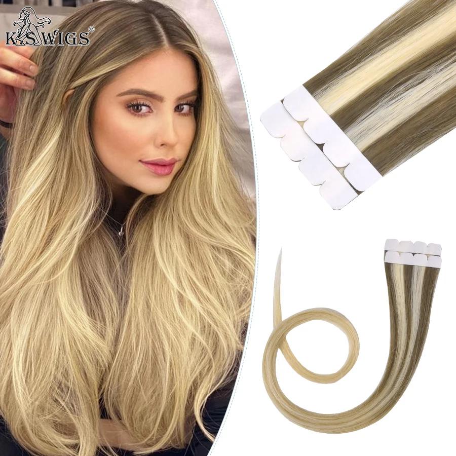 K.S WIGS Mini Tape In Hair Extensions Human Hair Seamless Skin Weft Invisible Natural Non-Remy Human Hair Adhesive Extension