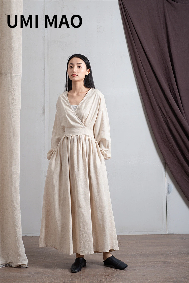 

UMI MAO Spring And Autumn Cotton Linen Women's Wear Washed Bamboo Hemp Chinese Style Improved Girdle Long Sleeves Dress Femme