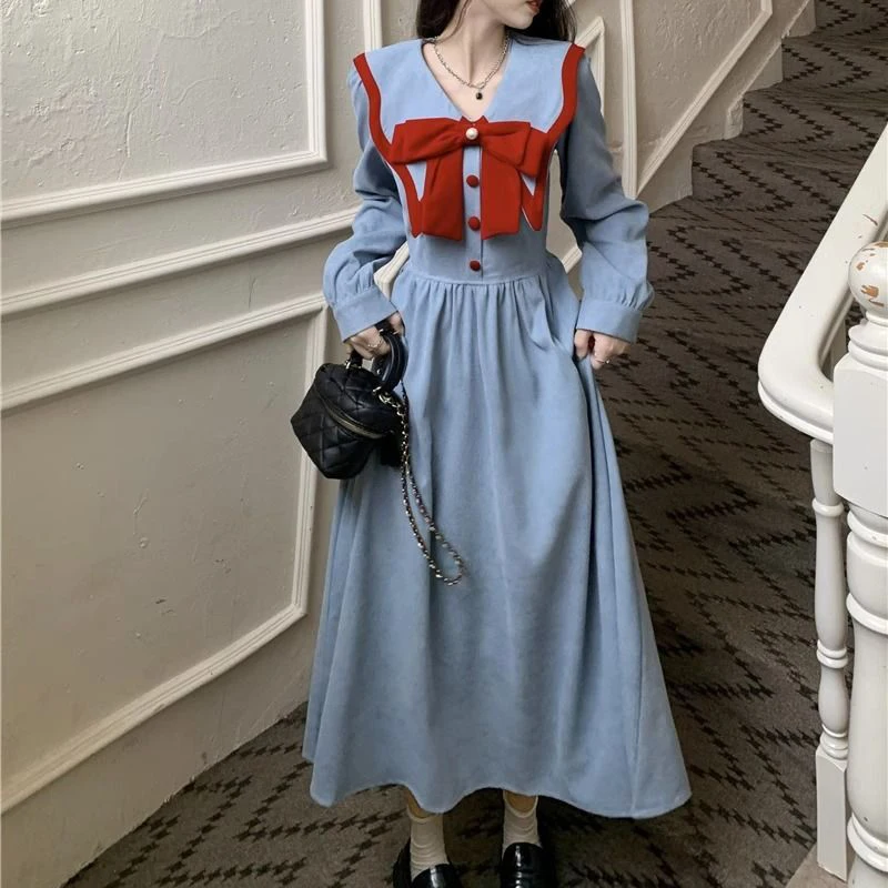 Korean Fashion Vintage Corduroy Sweet Chic Bow Dresses for Women Preppy Style High Waist Slim Fairy Midi Dress Elegante Vestidos