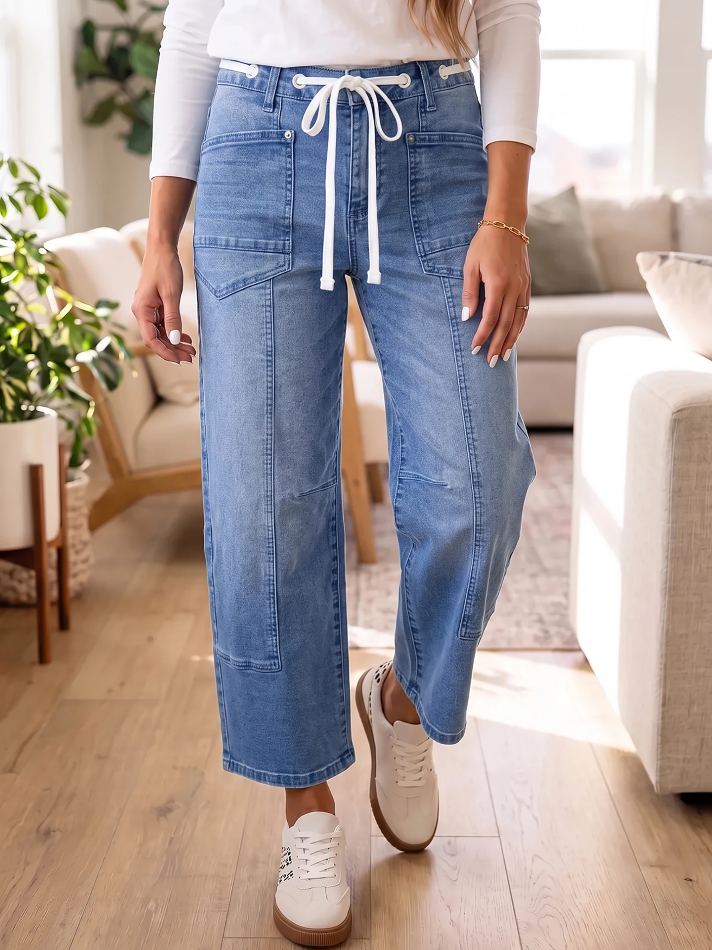 High Waist Washed Blue Jeans Women's Casual Straight Leg Nine Points Spring Autumn New Style Ladies Fashion Cotton Blend