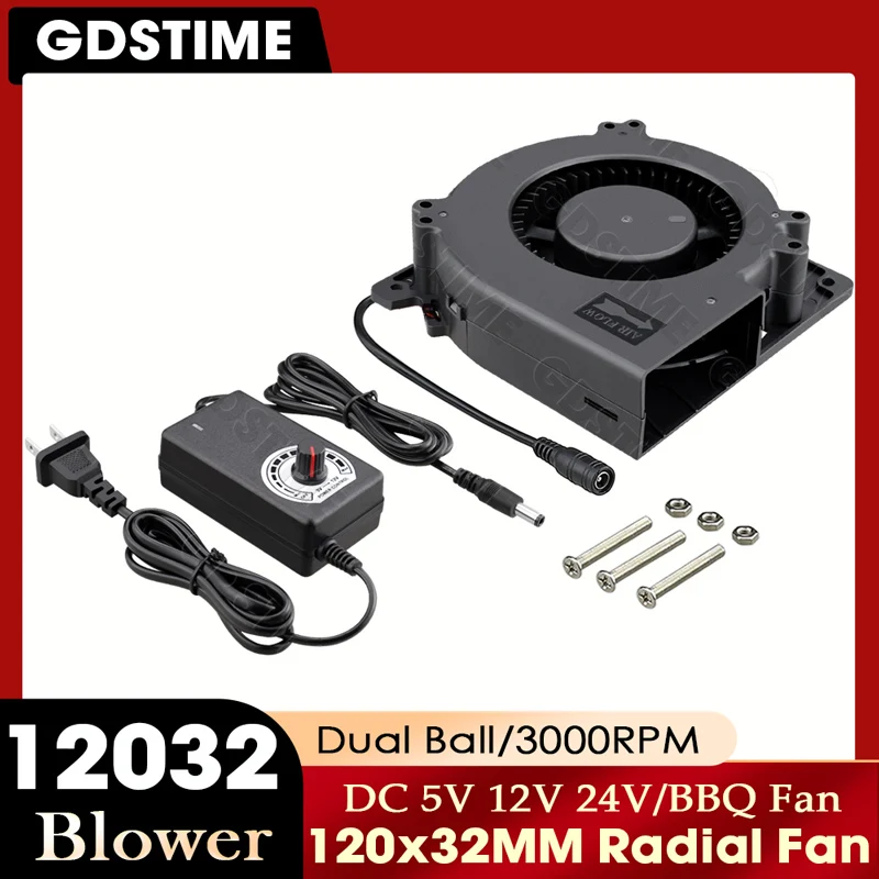 GDSTIME 120MM Blower Fan 24V 12V Centrifugal Fan 120*32MM Turbine Fan 5V USB Cooler 12032 Dual Ball Brushless Motor, BBQ Fan