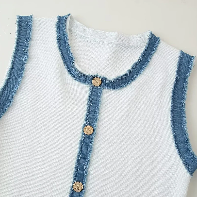 Primavera 2025 Mujer Faion redondo Ne empalmado Color borla Denim plisado tejido Dr Street Sle Svel poliéster