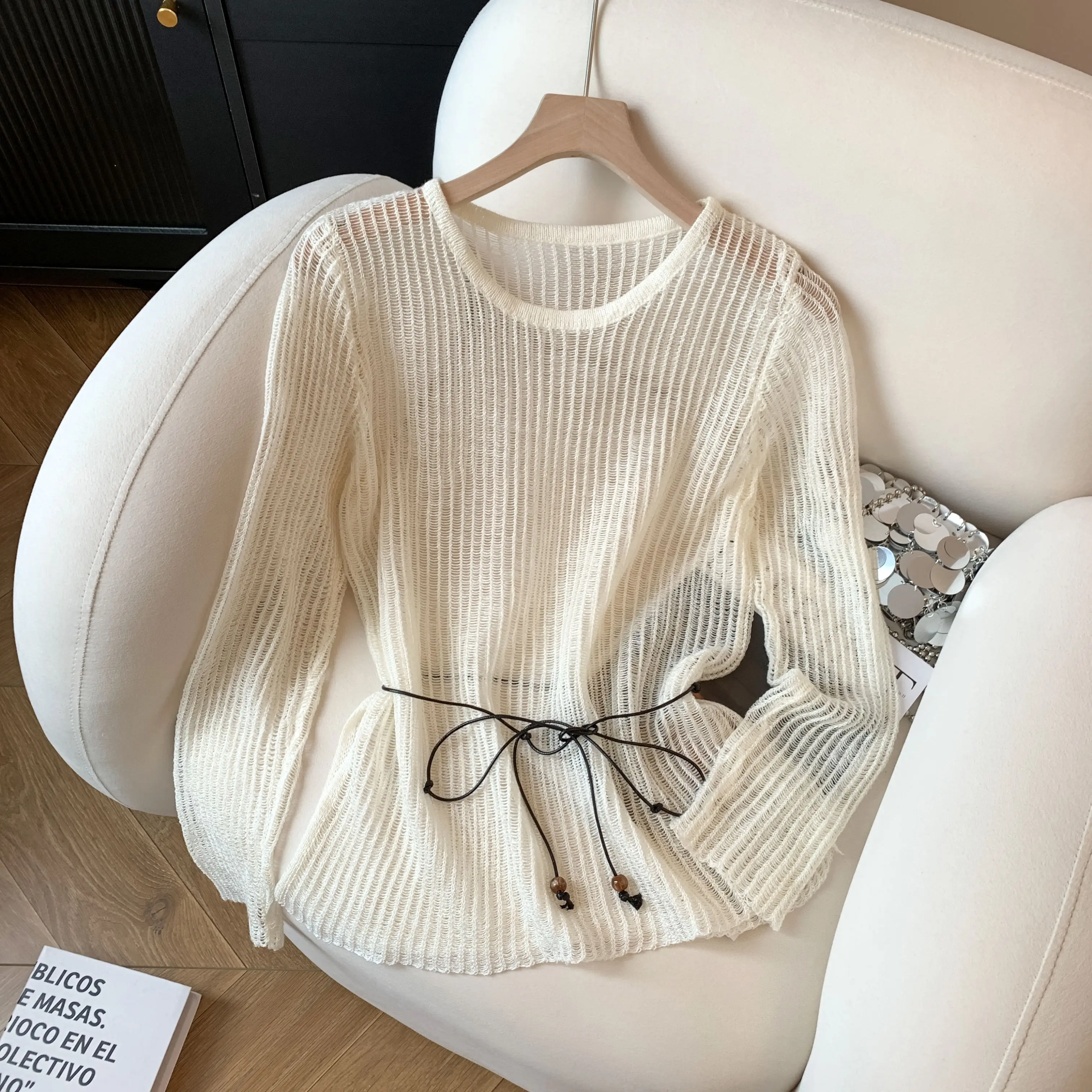 

New Casual Bandage Hollow Out Knitted Tops Women's Thin Solid Color Long Sleeve Pullovers Loose Fashion Sunscreen T-Shirt