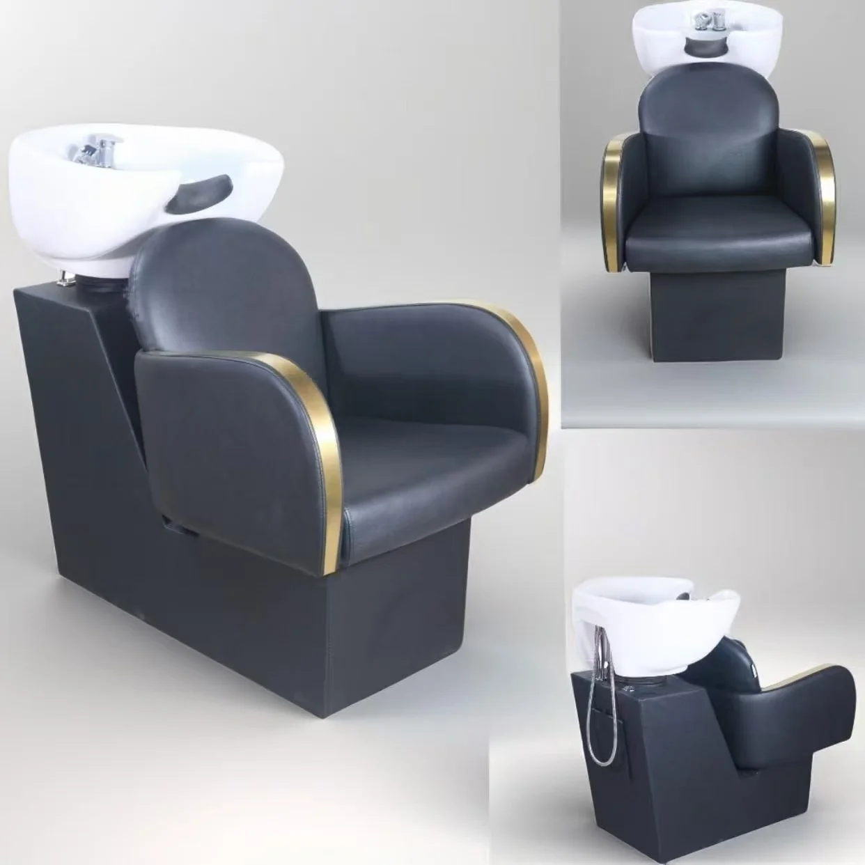 Metal salon shampoo chair with ceramic deep basin, semi-reclining, rotatable armrests, modern design, suitable for hair salons