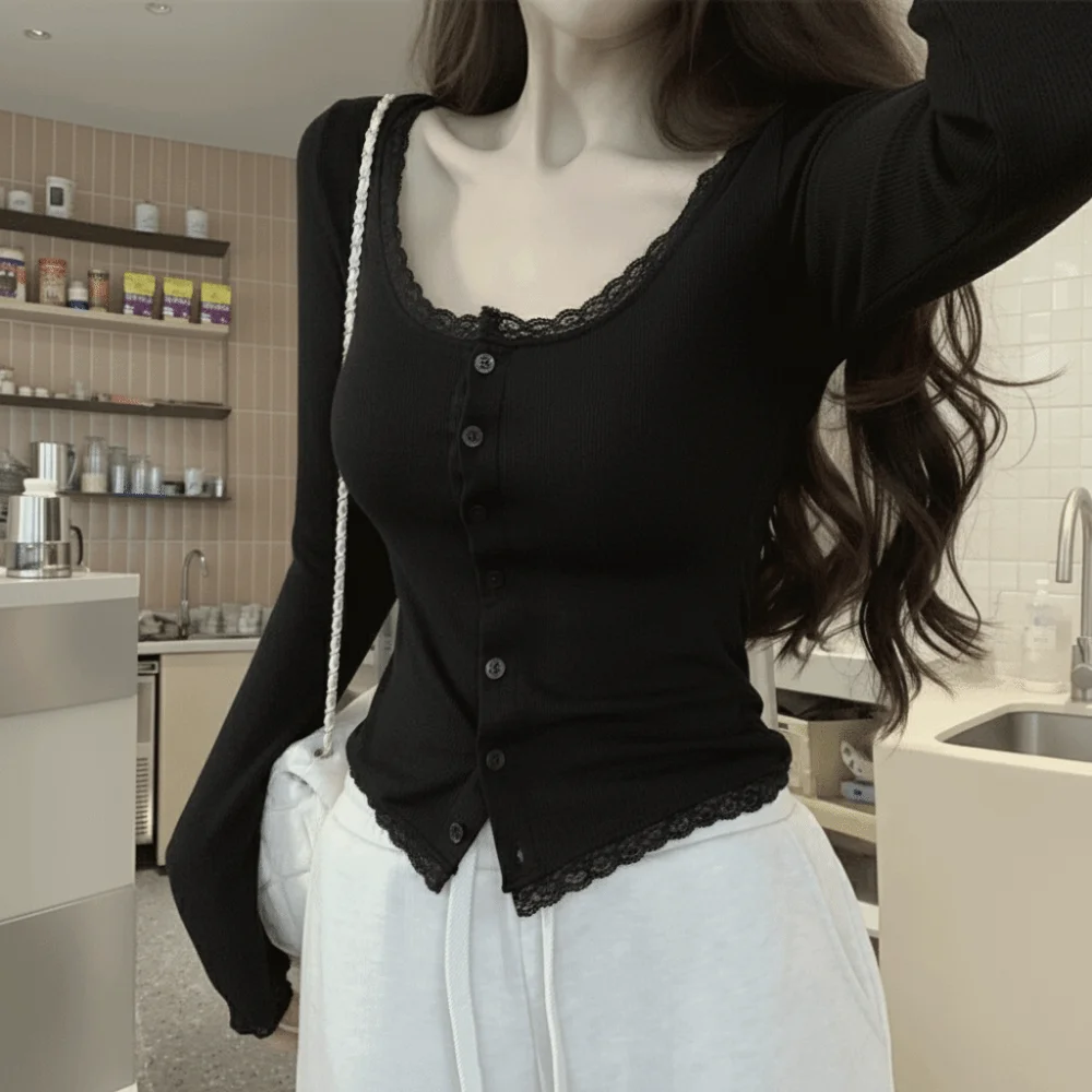 

Однотонная женская футболка с кружевной отделкой, укороченная, приталенная, с длинным рукавом, в корейском стиле, с квадратным вырезом, Pure Desire