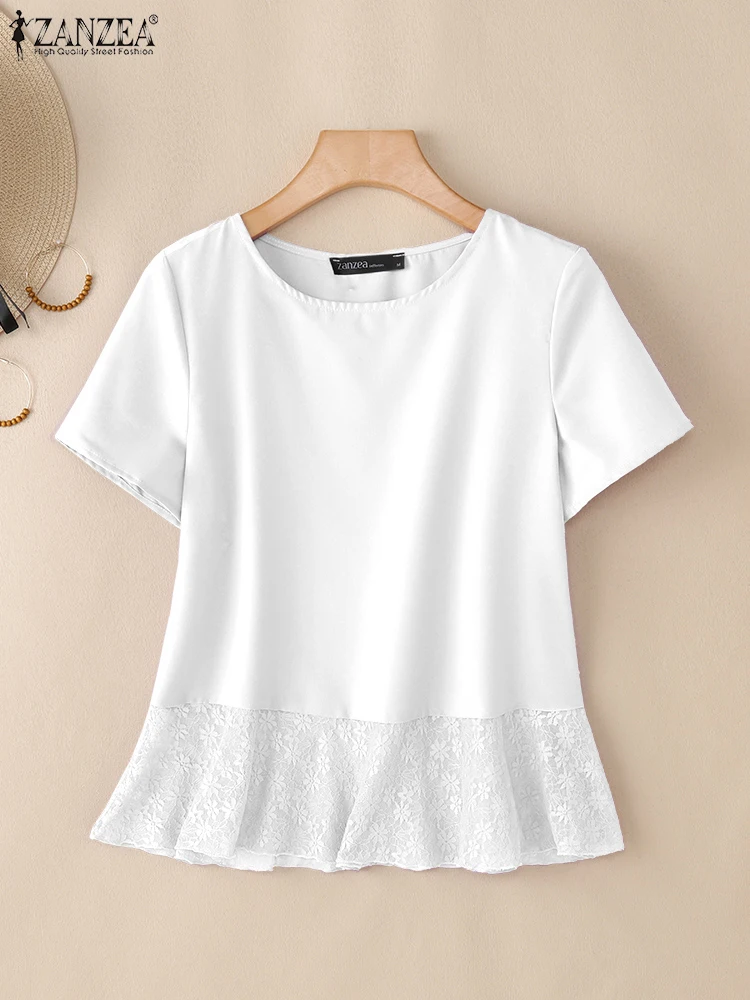 ZANZEA الصيف أزياء من الدانتل تول هيم تي شيرت امرأة أنيقة س الرقبة قصيرة الأكمام بلون تيز ملابس يومية غير رسمية التنقل القمم