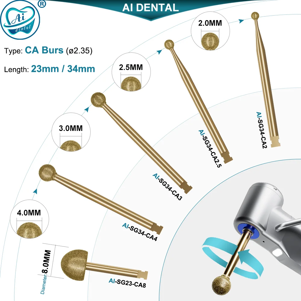 Diamond Burs Drills Ball Round Type CA 2.35mm for Implant Surgical Handpiece 23mm/26mm/34mm Polishing Tool 1pcs