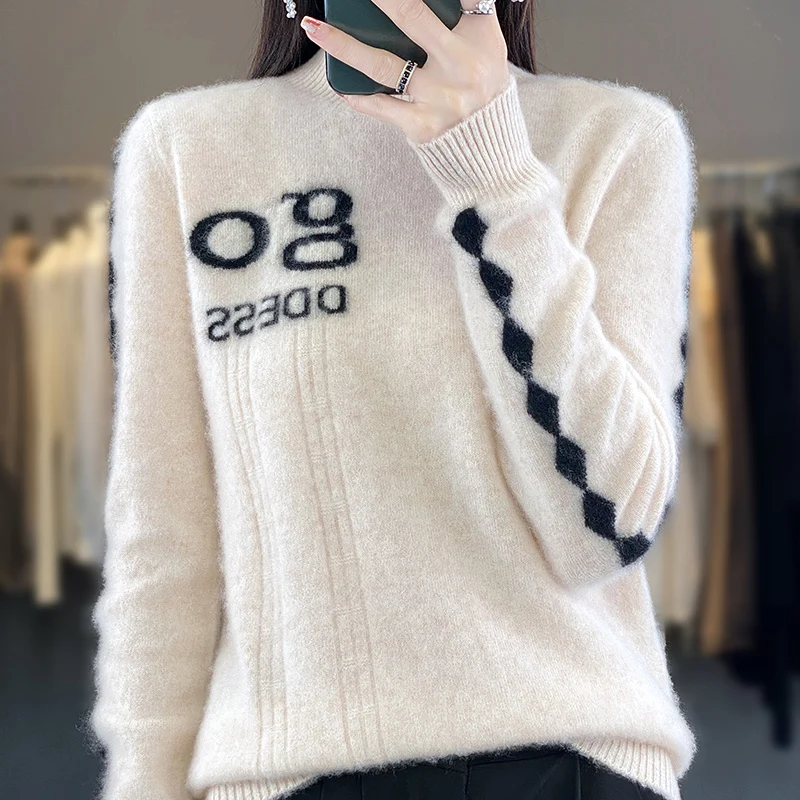 Autumn and Winter Fashion Trend 100% Pure Wool Sweater Half High Neck Color Embroidery Pullover Women's Knitted Loose Top