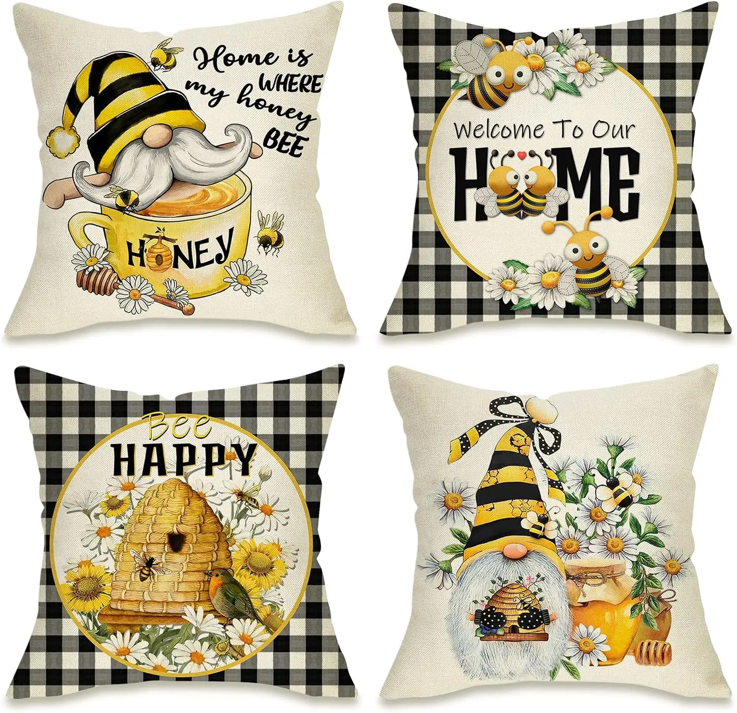 4PC Bee Honey Farmhouse Pillow Cover Set Decor Cushions Cottagecore Floral Sweet Home Throw Pillows Polyester Seasonal Gift