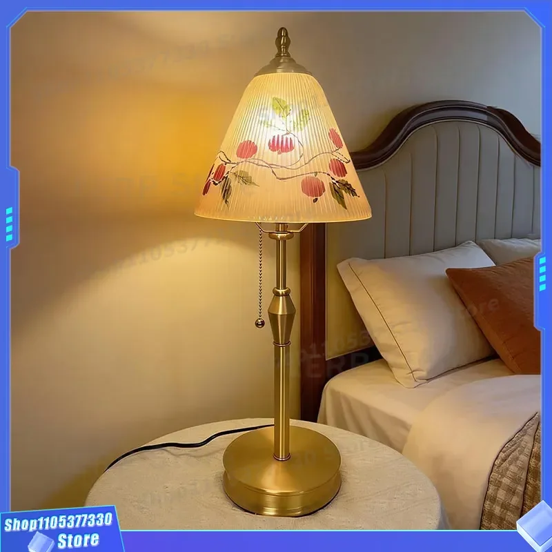 Luxury Pure Copper Bedside Lamp Hand Painted Glass Desk Light New Chinese Retro Style High End Antique Living Room Decor New