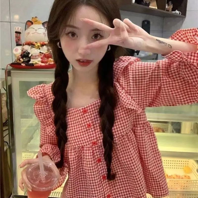 

Fre Plaid irt Women's Design ort Doll Sle Long Sve Square Collar Autumn Faionable Top Thin Viscose Fabric