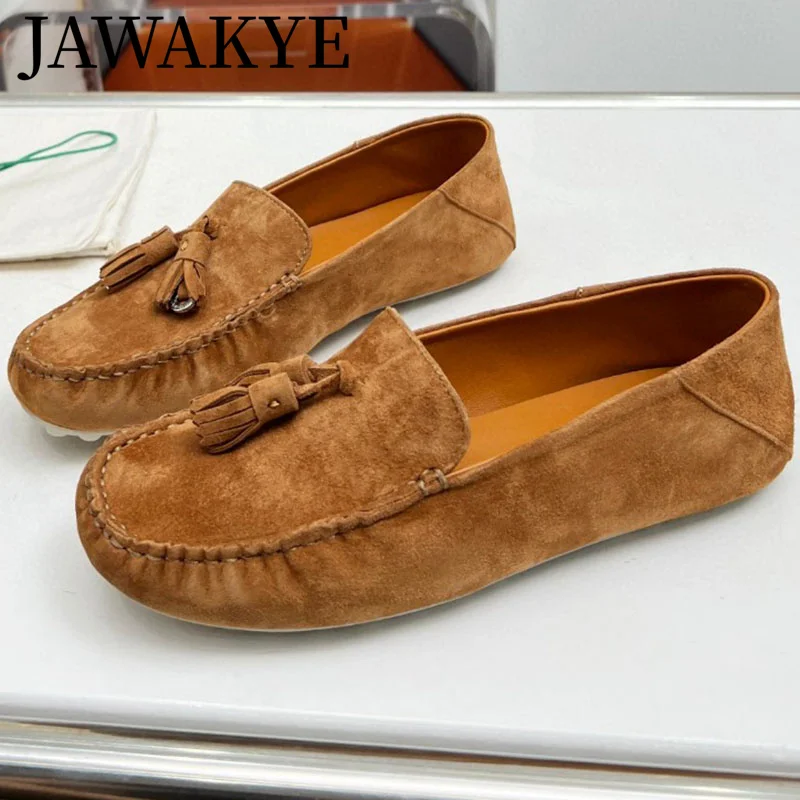 

JAWAKYE Runway Women Flat Loafers Shoes Brown Suede Slip on Tassel Causal Mules Shoes Woman 2024 Summer Walking Vacation Shoes