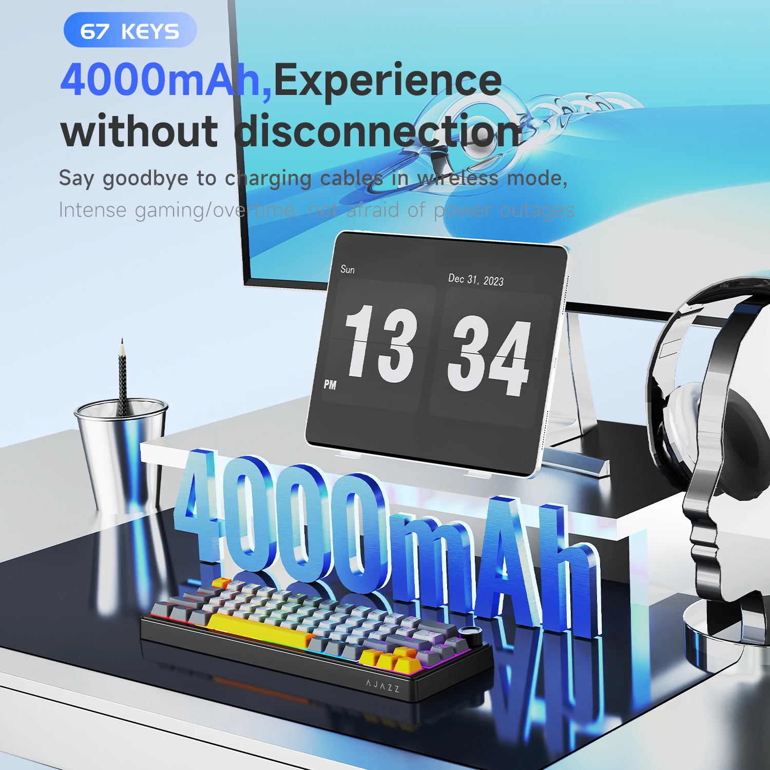 Ajazz AK690 Wireless Gaming Mechanical Keyboard Present Axis Multifunctional Knob RGB DIY 68 Key Layout Tri mode Office Keyboard