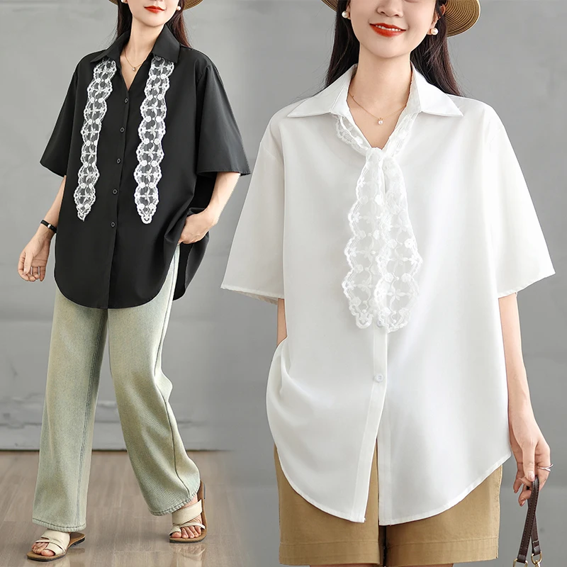 

Summer New plus Size Loose Casual Versatile ort Sve irt Top Collar Tie Pure Color Lazy Sle Polyester Cotton Blend