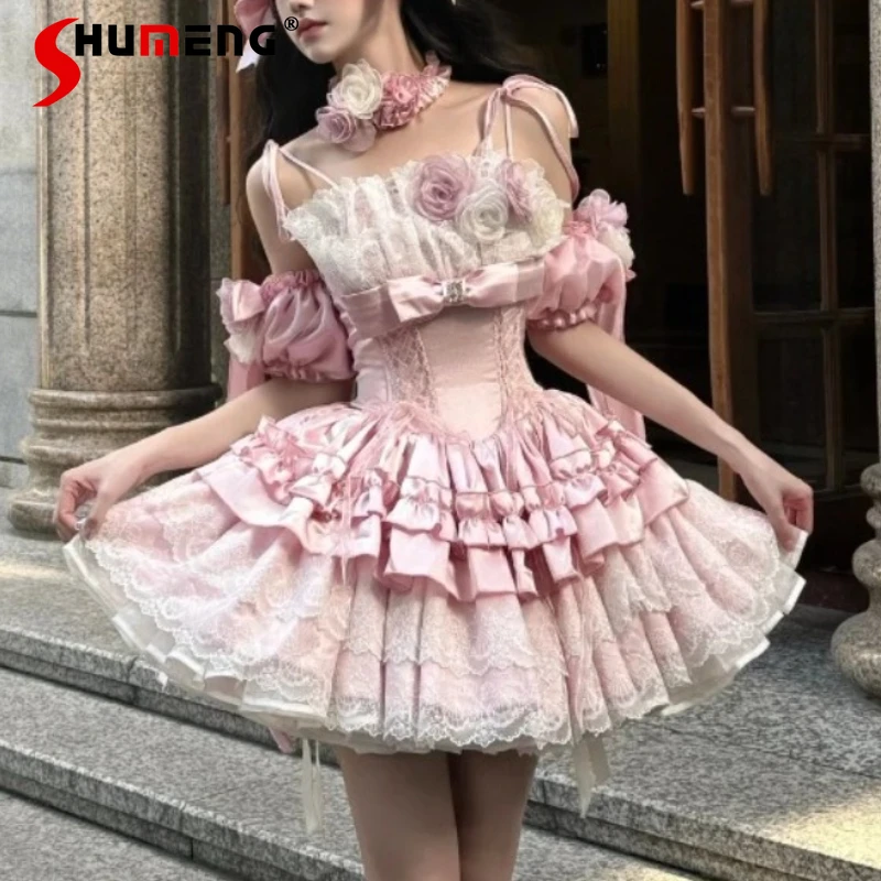 

Princess Style Pink Sling Dress JSK Girls High Waist Slim Elegant 3D Rose Lace Mini Dresses Women's Lolita Dress Summer Vestido