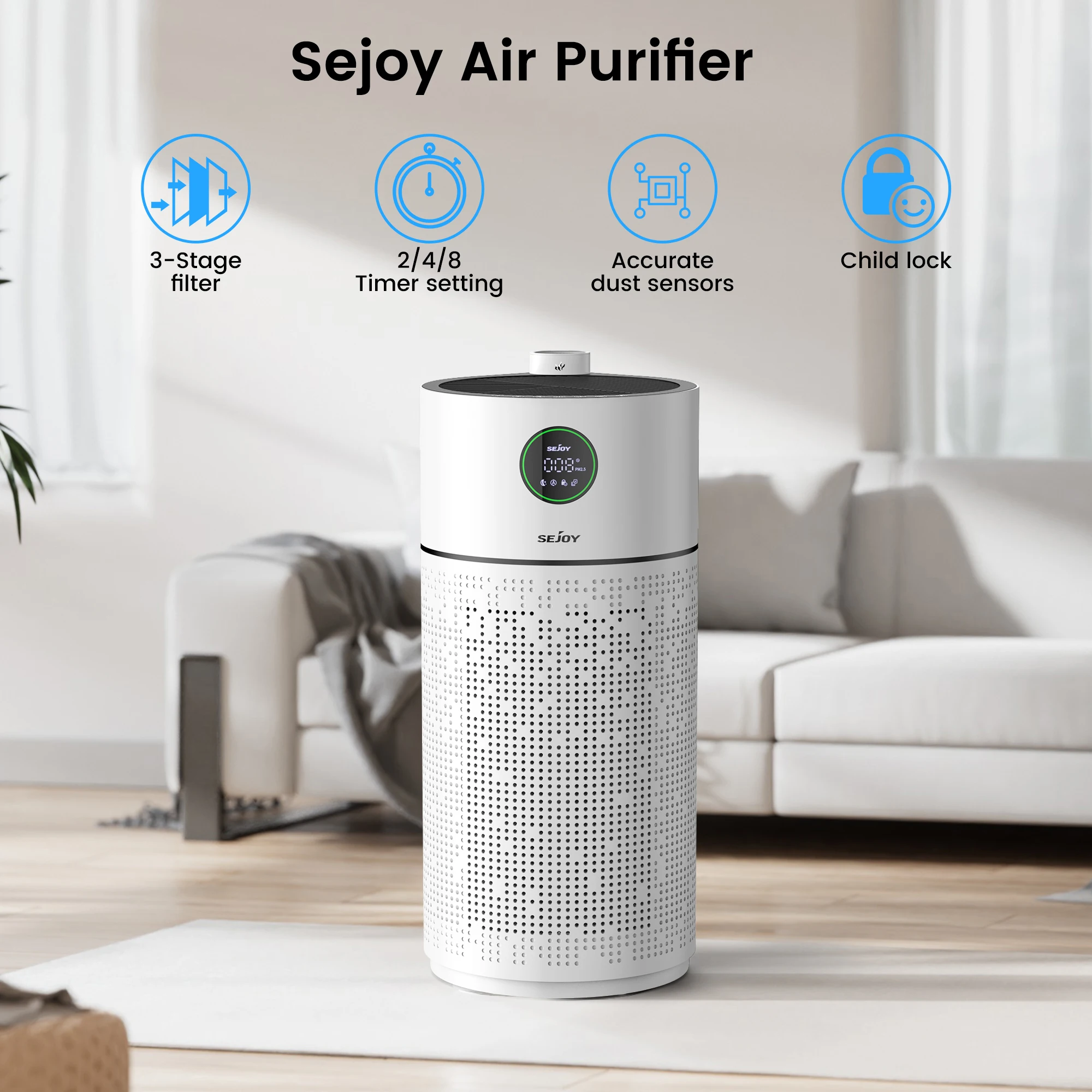 

Очистители воздуха Sejoy AP-3408A для дома, большая комната до 430 футов, очиститель воздуха HEPA для дома, очиститель воздушного фильтра для общежития, домашних животных
