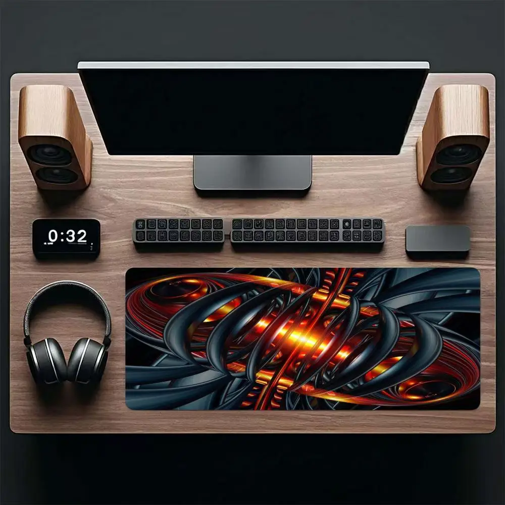 Red Gold Spiral Mecha Large Desk Mat Cyber Tech Style Non-Slip Stitched Edge Mouse Pad for Office Study Gaming