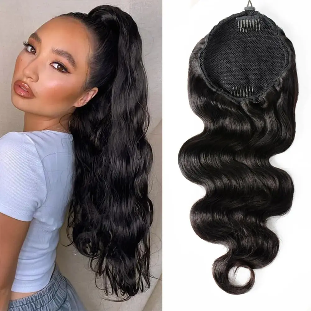 Extensions de queue de cheval Body Wave pour femmes, 100% vrais cheveux humains, clip noir naturel, extensions de cheveux de queue de cheval Wstring de proximité, 10-26 po