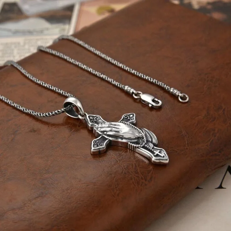 

BOCAI S925 Sterling Silver Pendants for Women Men Retro Eternal Rattan Pattern the Hands of Prayer Cross Jewelry Wholesale