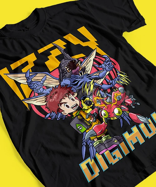 Technically Cool Unisex Digimon Izzy and Tentomon Transforming into Kabuterimon Shirt