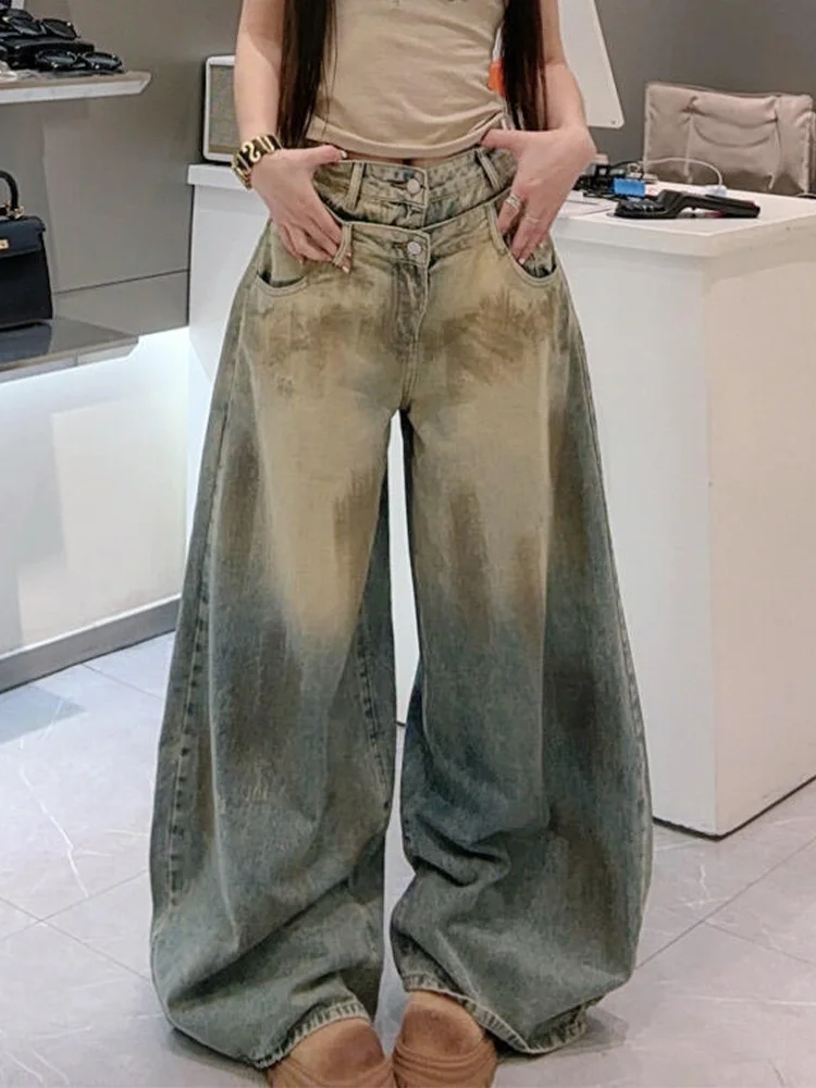 

American Style Dirty Dyed Floor-Length Jeans Women's Retro Heavy Wear Natural Waist Design Loose Fit Pure Color Denim Pants