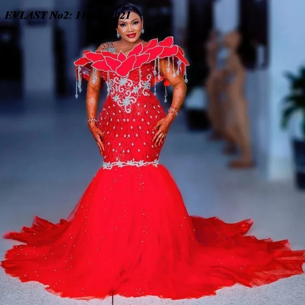 

EVLAST Customized African Aso Ebi Red Mermaid Prom Dress Black Girls Floral Diamond Beaded Evening Gown Robe De Soiree E2P105