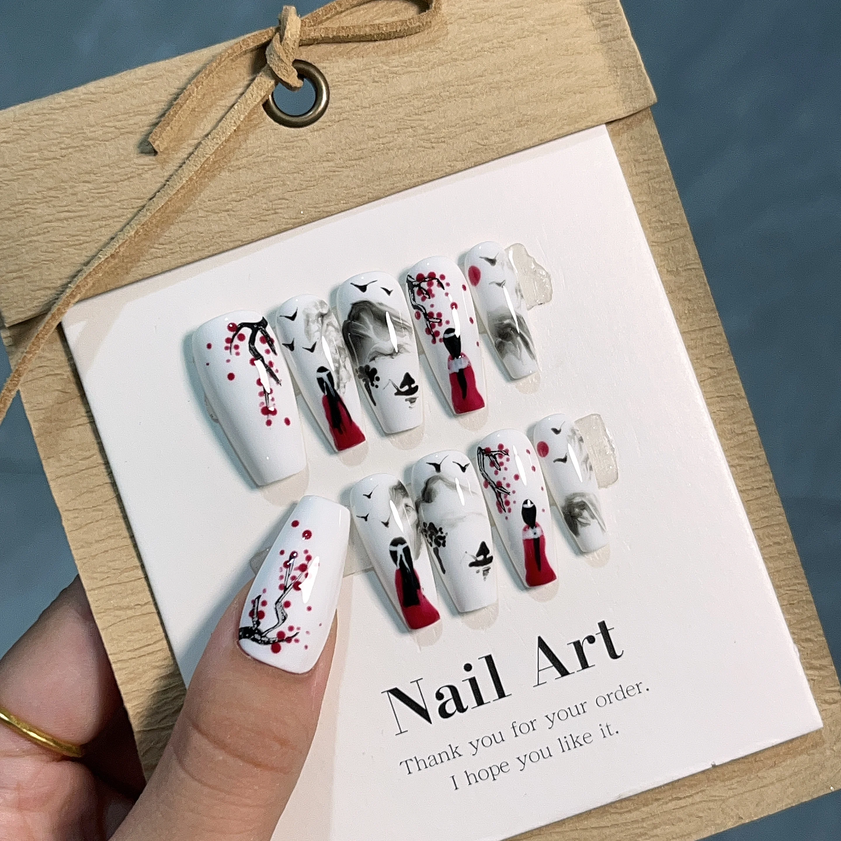 

Emmabeauty Handmade Press On Nails with Plum Blossom Pattern,Medium Length Wax Ink Painting,Removable and Reusable.No.3404