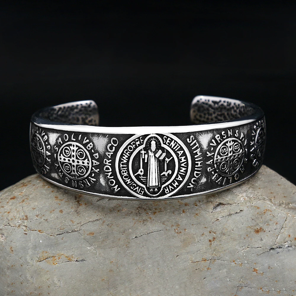 Vintage Saint Benedict Exorcism Bracelet For Men Women Stainless Steel Hip Hop Biker Opening Amulet Bangle Creative Jewelry Gift
