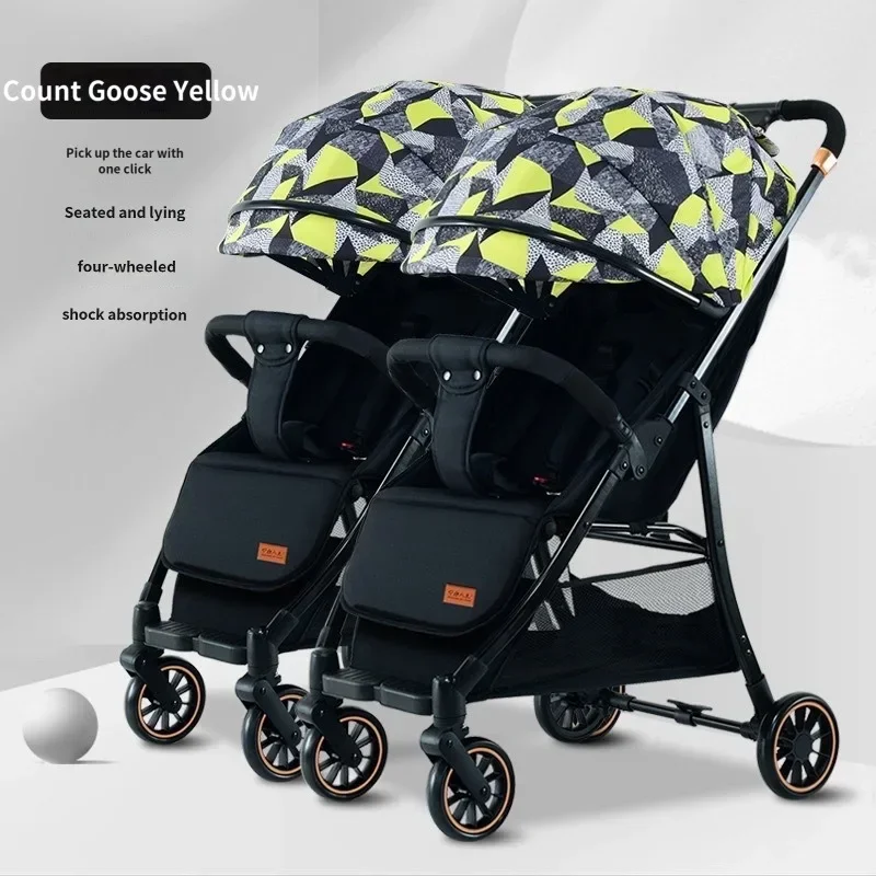 Tweelingkinderwagen kan zitten, liggend, twee baby's, hoog landschap, lichtgewicht, opvouwbare afneembare dubbele kinderwagen