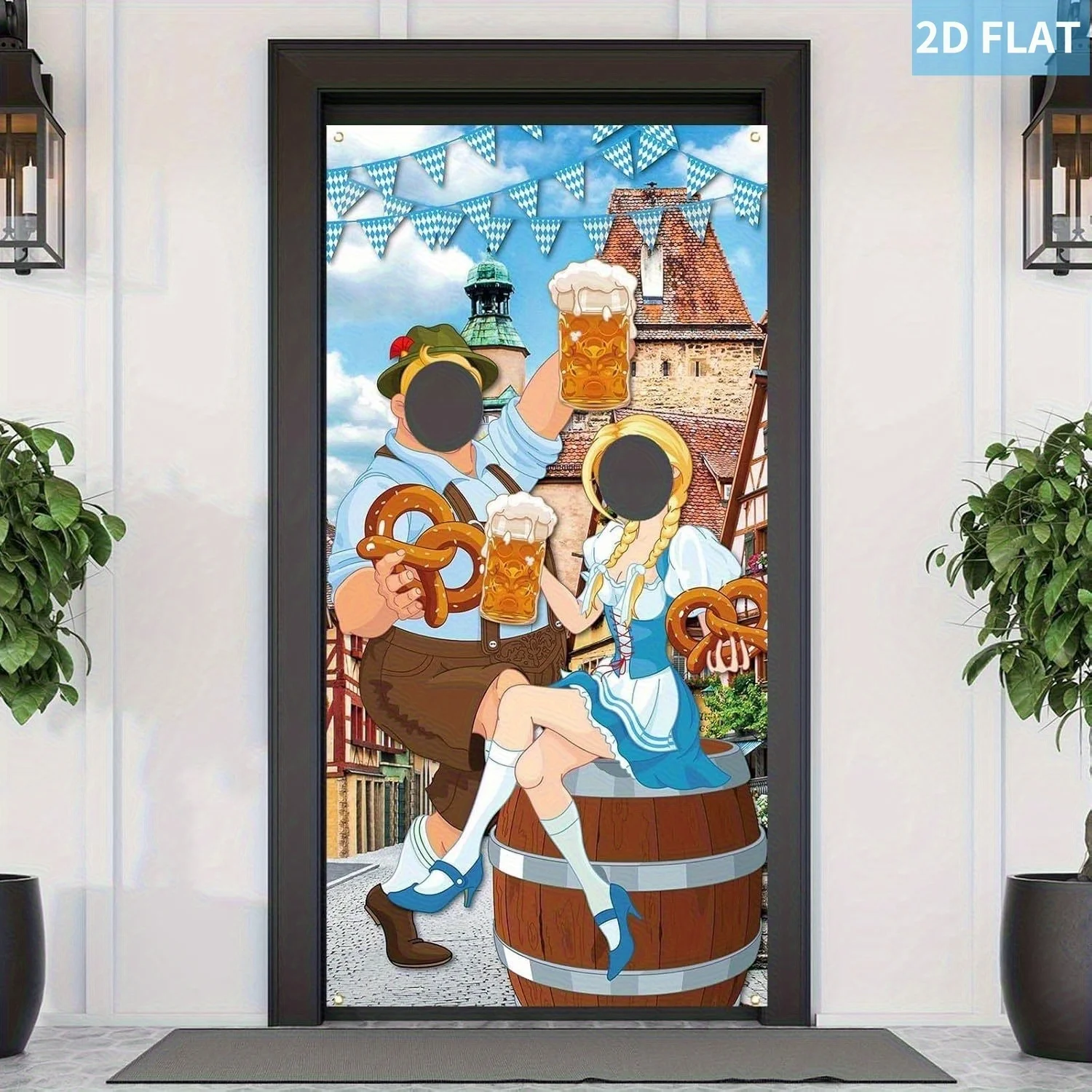 2D FLAT 6x3ft Oktoberfest Bavarian Photography Polyester Banner, Face Cutout Photo Props, Beer Party Face in Hole Selfie Photo