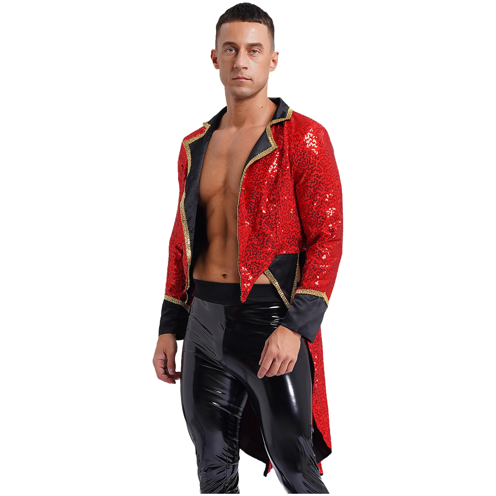 Mens Halloween Circus Tuxedo Tailcoat Sequin Notch Lapel Long Sleeve Open Front Outerwear Jacket Ringmaster Magician Costume Top