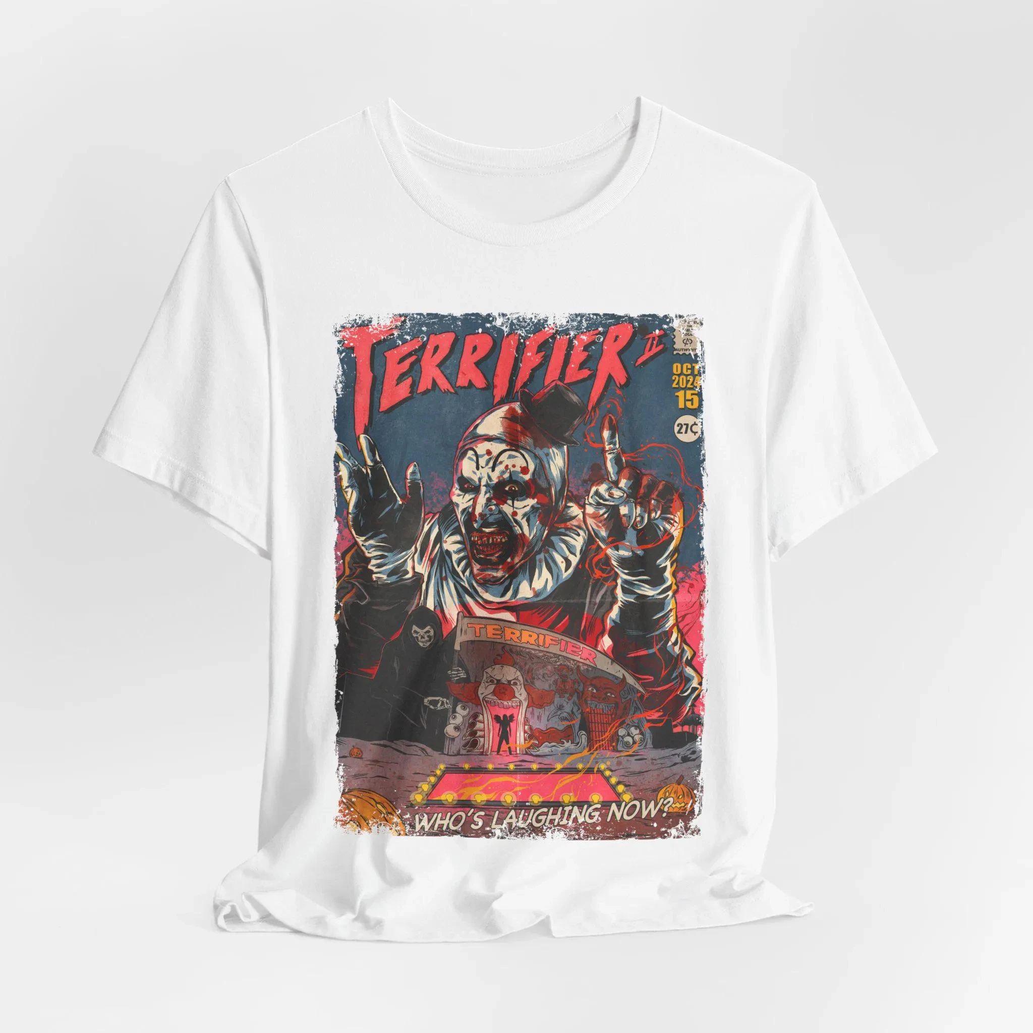 '호러 조커' 영화 테마 티셔츠: 레트로 호러 영화 유니섹스 패턴 티셔츠, 호러 영화 팬들을 위한 선물