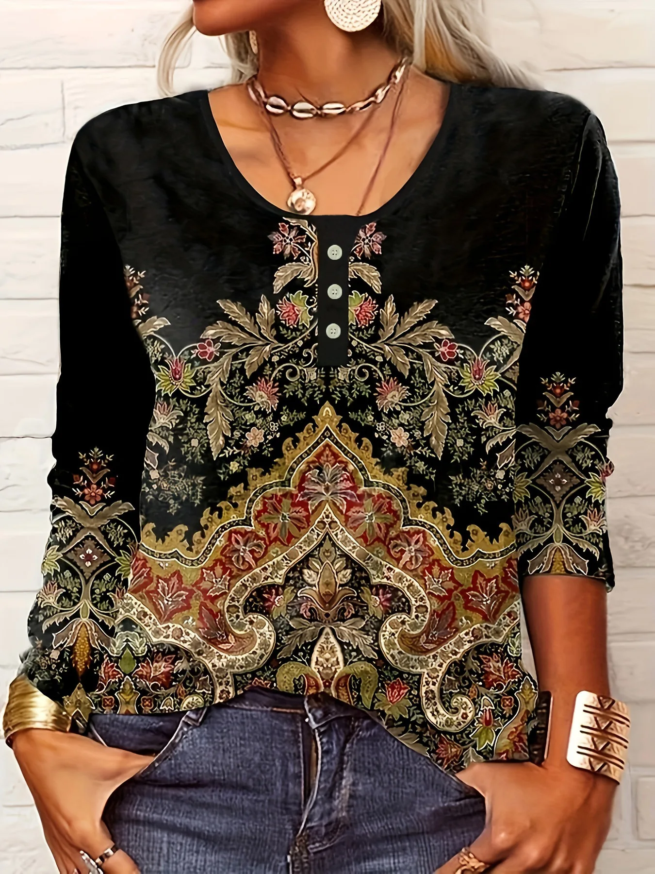 Women Long-Sleeved O-Neck Shirt Fashion Printed Casual Blouses 2025 New Spring Autumn Vintage Ethnic Style Femme Tops Plus Size