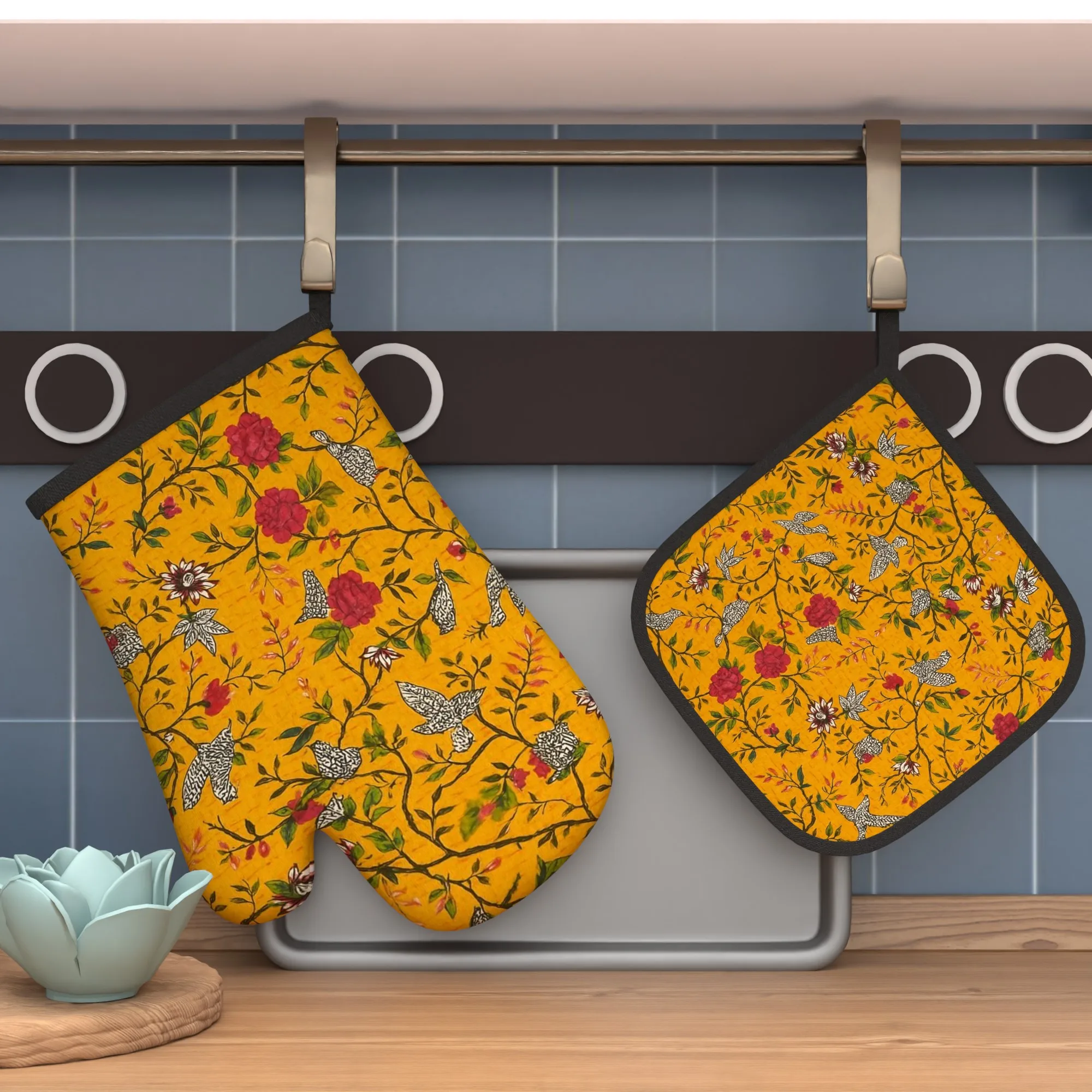 2pcs 10.6*6.7 Inch Oven Mitts And Pot Holders Heat Map Flowers Yellow Heat Resistant Oven Mitts And Pot Holders Sets
