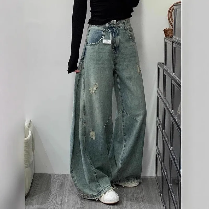 American High Street Retro Wide Leg Jeans for Women's Spring and Summer New High Waisted Ripped Loose Curved Knife Pants
