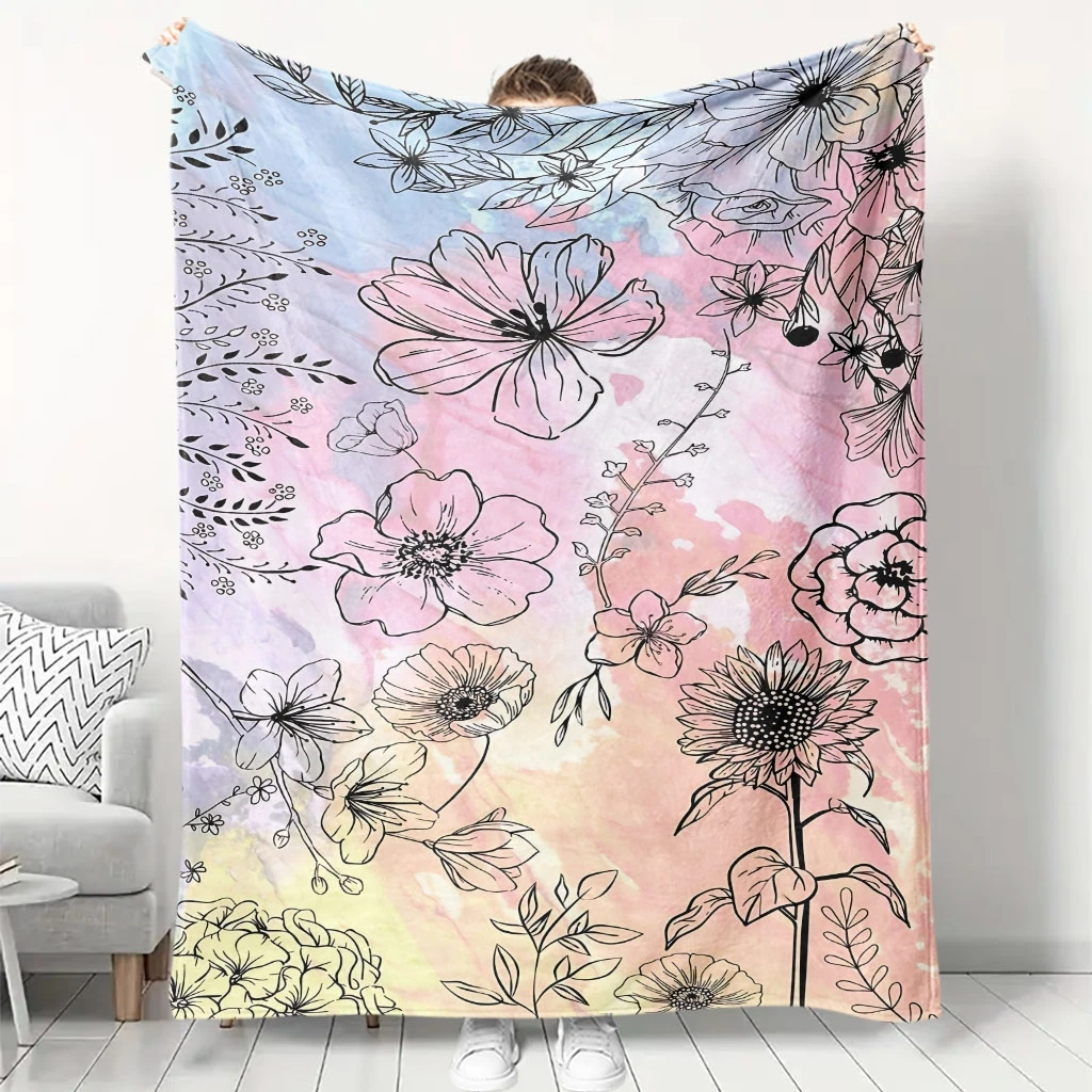 Line Drawing Sunflower Floral Gradient Pastel Watercolor Flannel Throw Blanket, Soft Warm Sofa Cover, Floral Gift For Bedroom