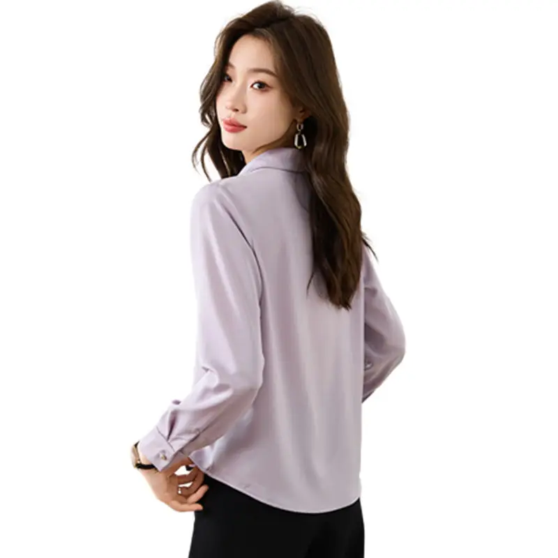 Women's Graceful Solid Spring Autumn Satin Shirts Office Lady Fashion Long Sleeve Polo Blouse 2024 Falls New Work Tops Female