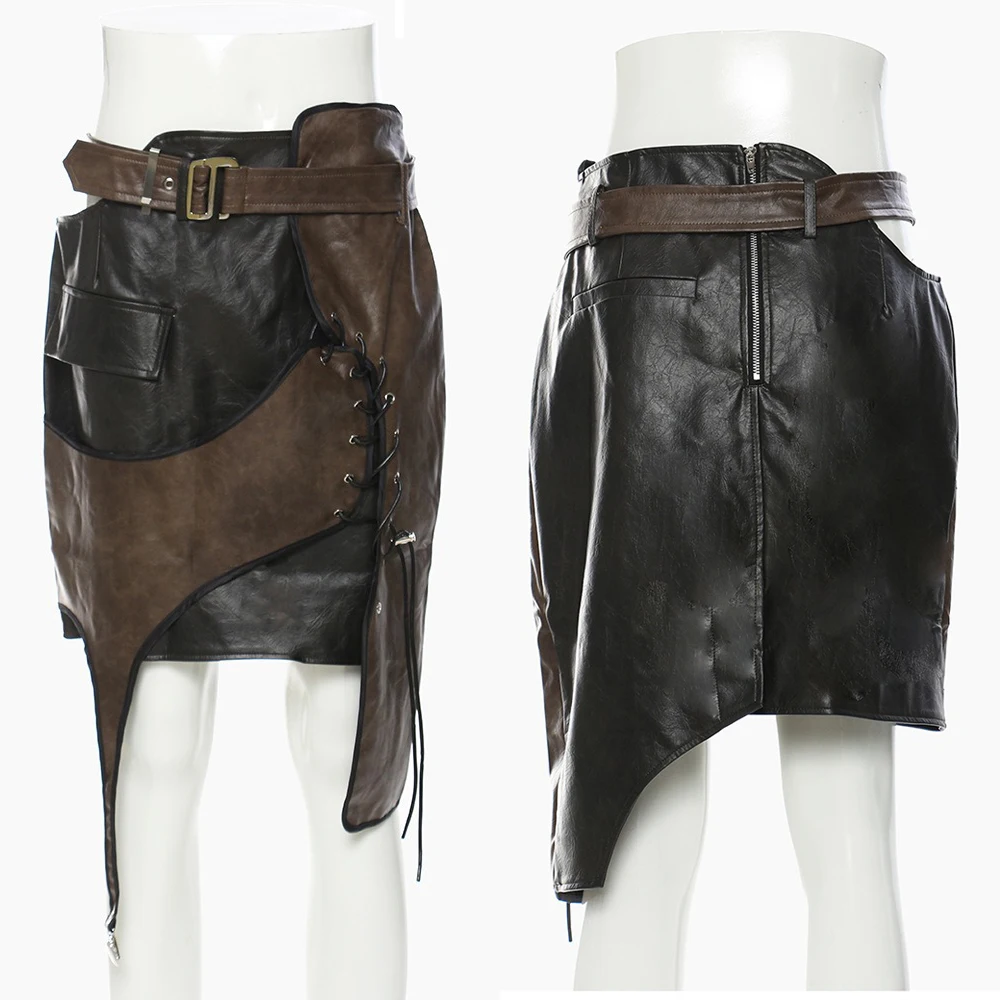 Pu Leather Skirt Belt Women Sexy Asymmetrical Patchwork Female Faux Short Skirts Office Lady Bandage Cross Lace Up Harajuku 2024