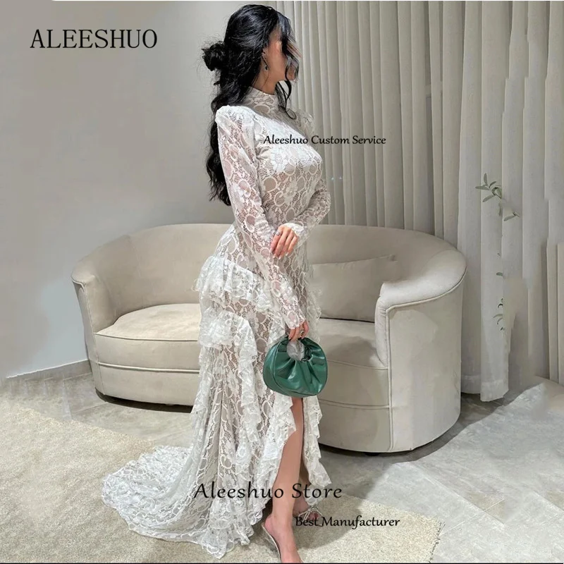 Sexy High/Low Mermaid Prom Dresses Lace Long Sleeves Party Dresses High Neck Backless Vestidos De Ocasión Formales Customized