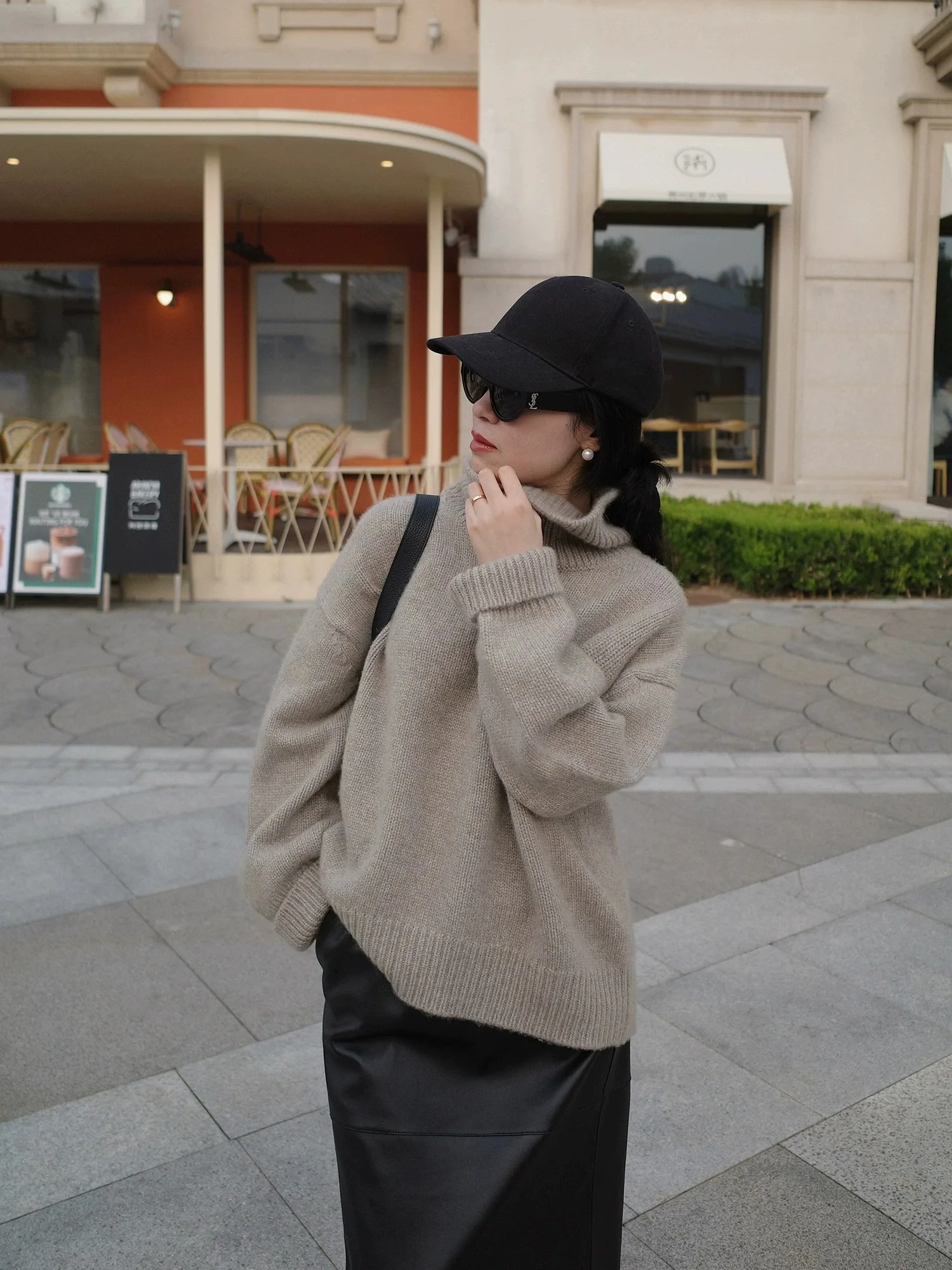 2023 autumn and winter new turtleneck 100% cashmere sweater women thickened loose pullover European knitted bottom sweater