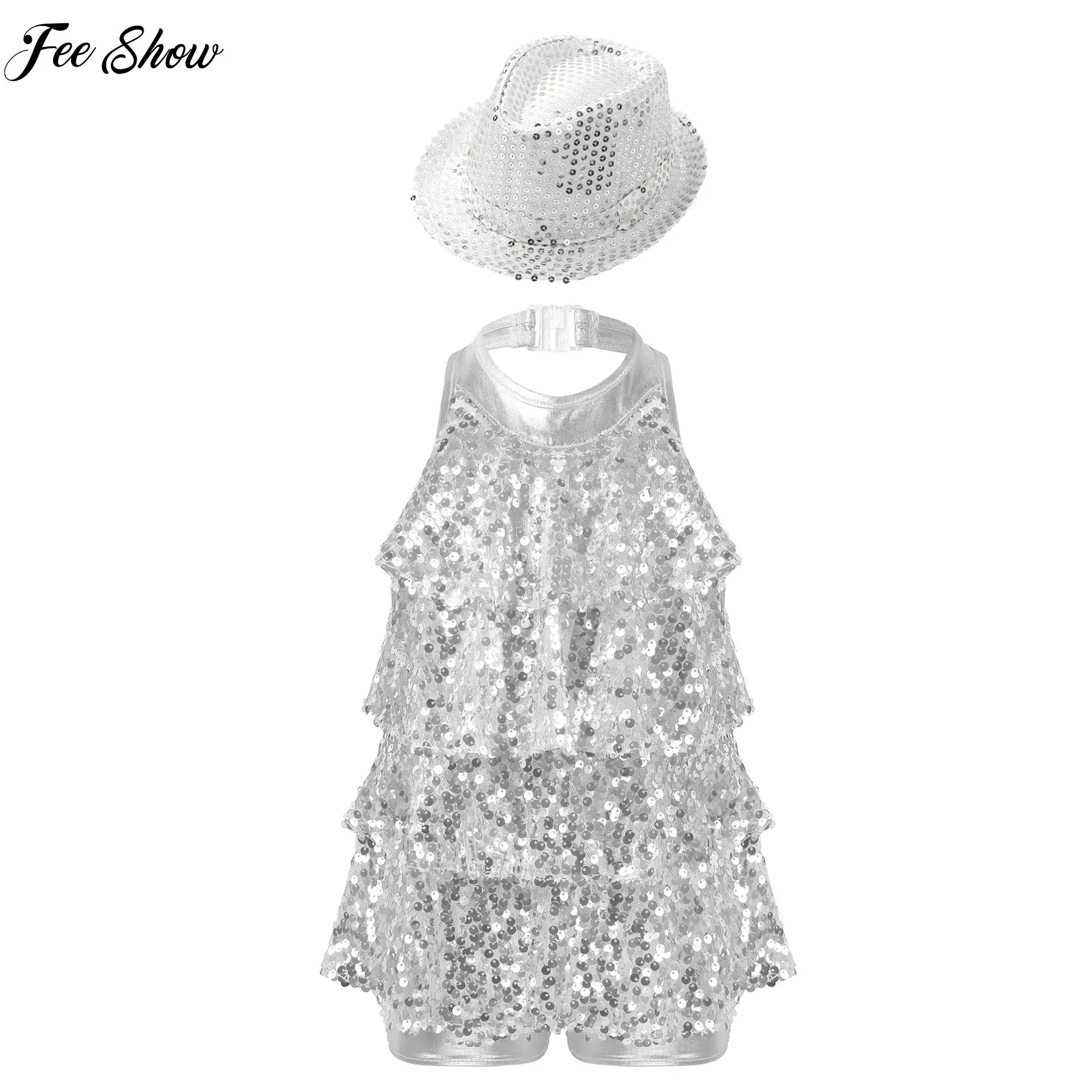 

Kids Girls Halter Sequins Ballet Dance Shorty Unitard Dress with Hats for Modern Jazz Latin Chacha Dance Performance Competition
