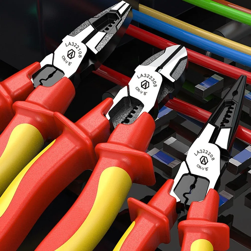 8 Inch VDE Rated Needle Nose Pliers for 1000V Electrical Safety with Diagonal Cutter and Wire Stripper Function