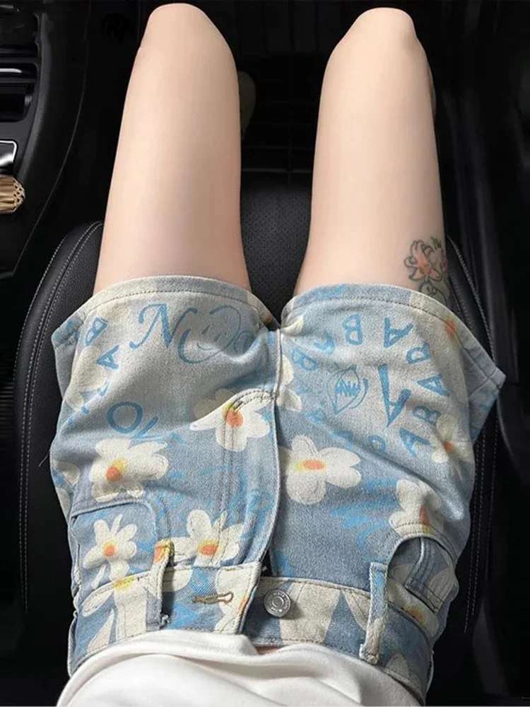 Summer Korean Fashion Casual Female Streetwear Y2K Jeans Shorts Women Vintage Floral Print High Waist Wide Leg Denim Short Pants