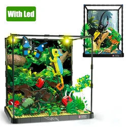 Caixa de exibição com luz LED para crianças, brinquedo de blocos de construção, floresta tropical, árvore, sapo, unicórnio, besouro, camaleão, modelos de insetos