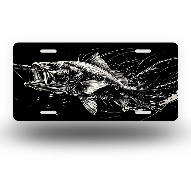2D Flat Car P Fishing Rod Black and White Fish Pattern Front License Plate, Aluminum License Plate Cover and Frame