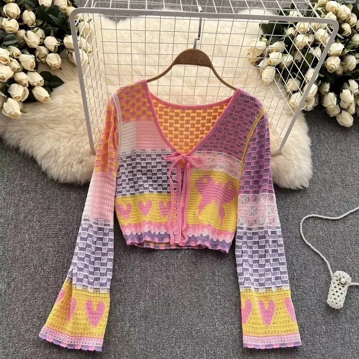 90s di Modo Y2k Estetica Lavorato A Maglia Sottile Apri Stitch Cardigan Corto Primavera Vintage Hippie Crochet Della Rappezzatura del Plaid Sottile