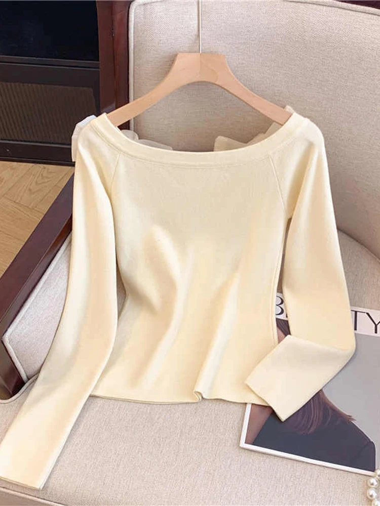 Women's Apricot Bow T-shirt Harajuku Korean Y2k Tee Top Vintage 90s Aesthetic Long Sleeve O-Neck T-shirts 2000s Fashion Clothes