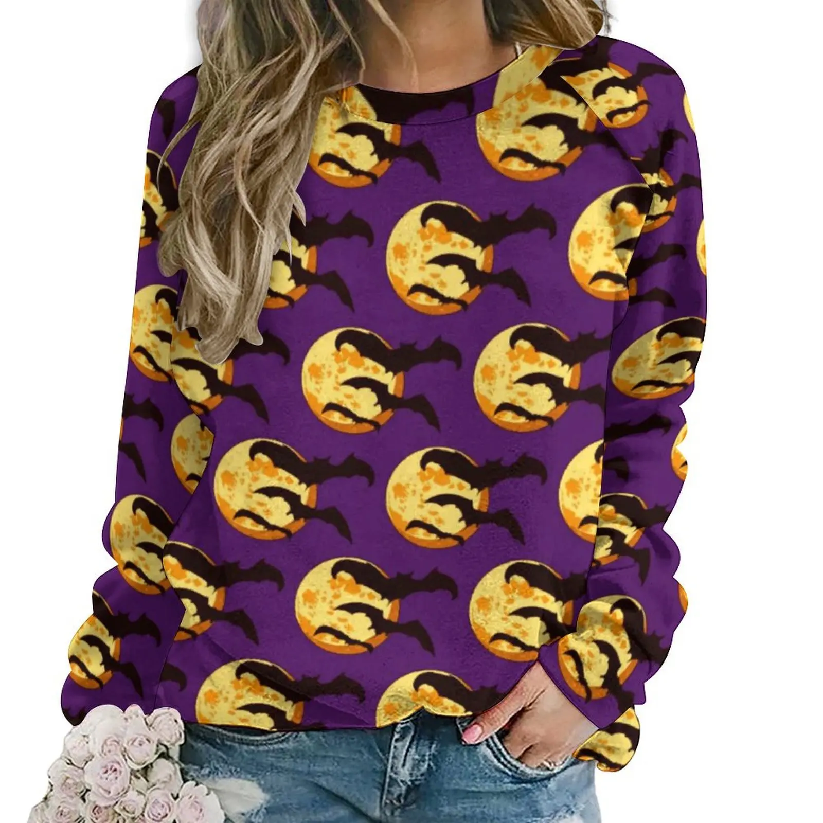 

Moon Flying Bats Hoodies Women Cute Halloween Harajuku Casual Hoodie Long Sleeve Y2k Design Sweatshirts Large Size 2XL 3XL