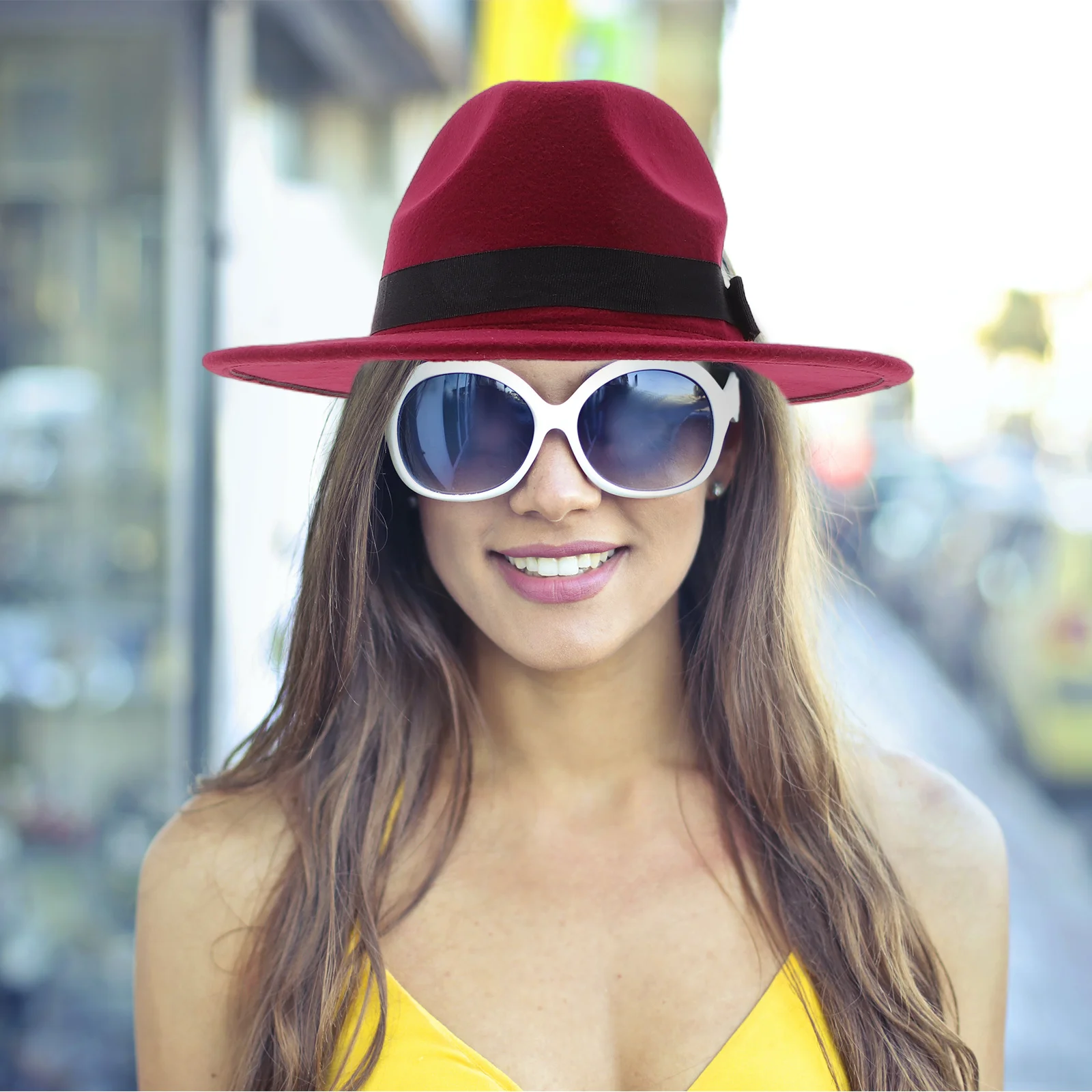 

Classic Wine Red Wide Brim Fedora Hat for Men and Women Premium Felt Material Breathable Lightweight Unisex Design Solid Color